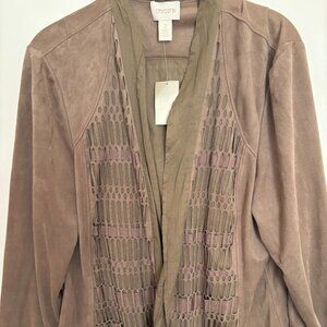 NWT CHICO'S sz 2 (large) fringe olive stretch jacket faux suede lattice cutouts